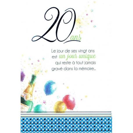 Carte Les mots du bonheur - 20 ans. Le jour de ses vingt ans est un jour unique... - 11.8x17 cm